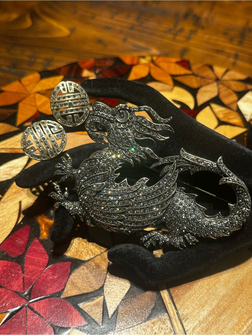 Heidi Daus Gunmetal Crystal Dragon Brooch with Round pierced Earrings